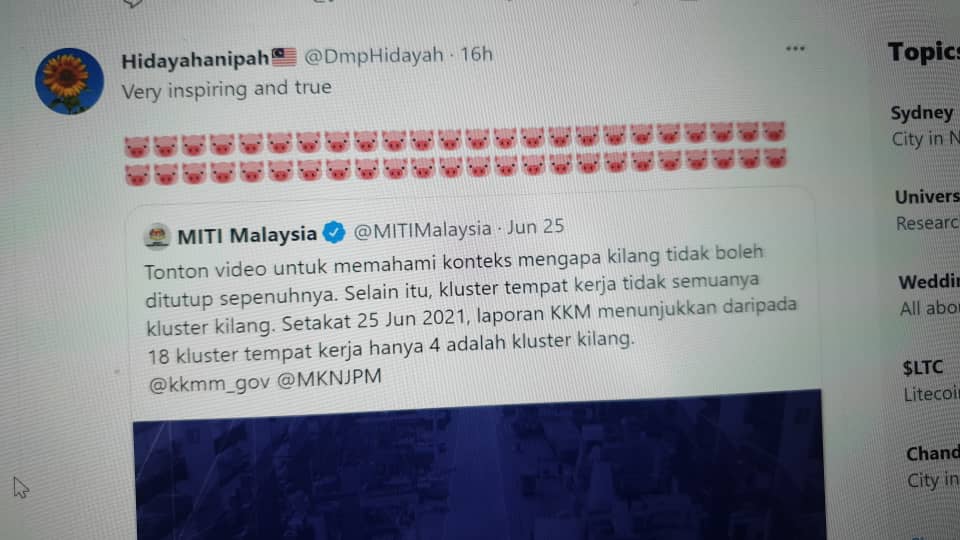 Tangkap layar tindakan tidak bermoral masyarakat melalui emoji haiwan terhadap hantaran yang dimuat naik oleh MITI baru-baru ini.